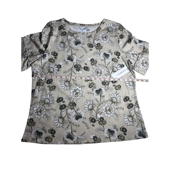 Liz Claiborne Floral Print Short Sleeve Top Women's Size XXL Beige‎ Cotton NEW - Picture 4 of 8